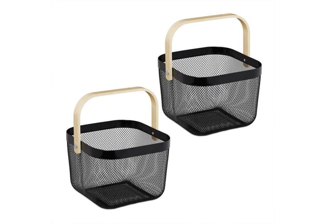 Relaxdays Drahtkorb mit Henkel, 2er Set, Metall, Bambus, HxBxT: 17,5 x 26 x 24,5 cm, eckiger Aufbewahrungskorb, schwarz