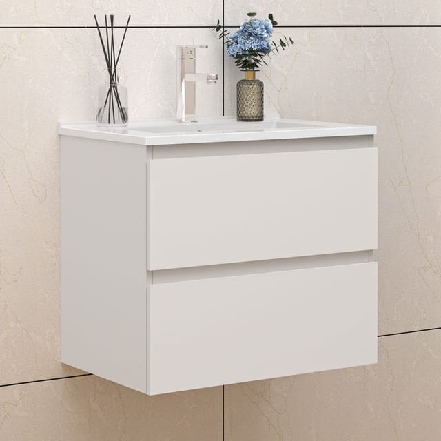 Biubiubath - Badezimmer Badmöbel-Set 60cm Unterschrank mit keramik dünn waschtisch 2 Schubladen Weiß Matt soft close Selbstmontierter