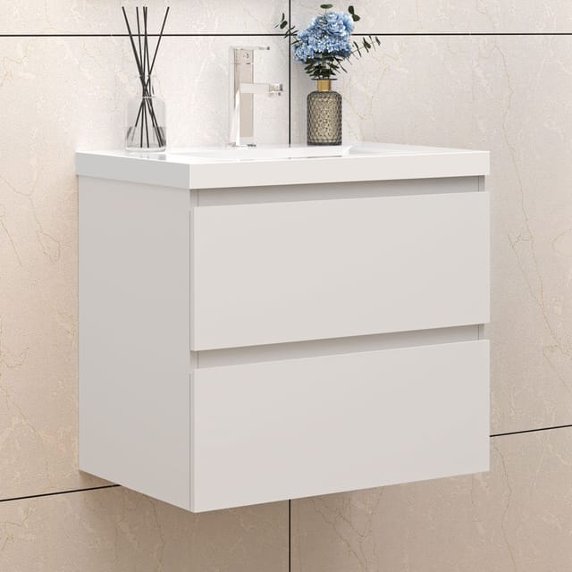 Biubiubath - Badezimmer Badmöbel-Set 60cm Unterschrank mit Weiß Mineralguss waschtisch 2 Schubladen Weiß Matt soft close Selbstmontierter