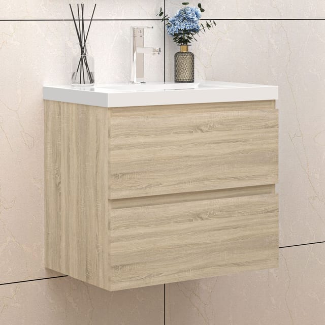 Biubiubath - Badezimmer Badmöbel-Set 60cm Unterschrank mit Weiß Mineralguss waschtisch 2 Schubladen Eiche Matt soft close Selbstmontierter