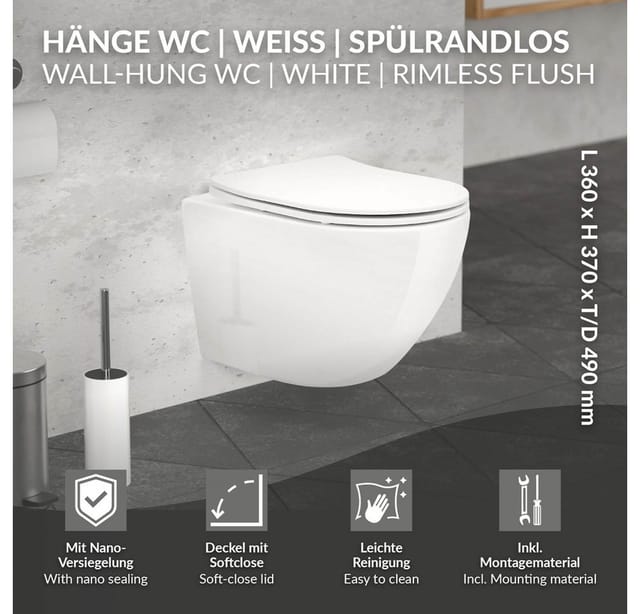 Ecd Germany - Spülrandloses Hänge wc kurz 49cm Weiß glänzend, Toilette aus Keramik mit Antibakterieller Oberfläche, Abnehmbarer wc Sitz aus Duroplast