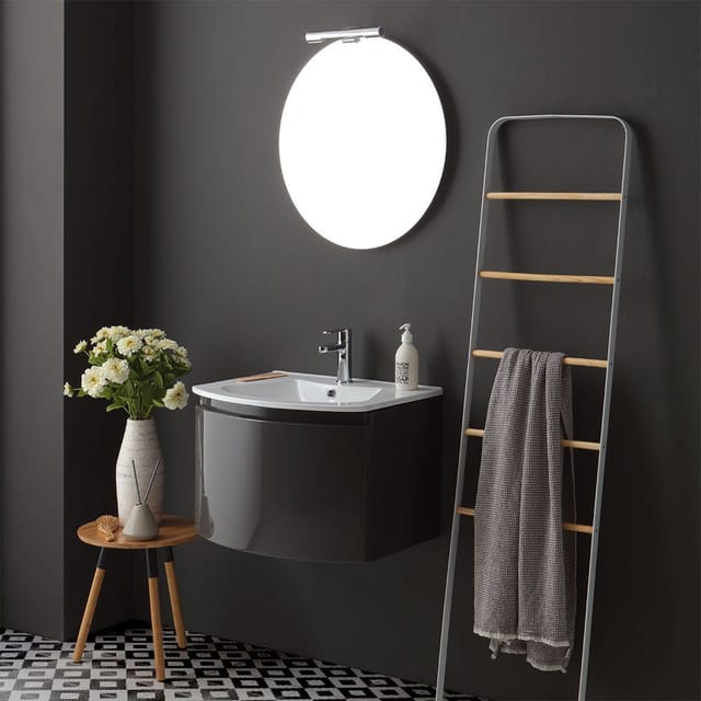 Kiamami Valentina - Geschwungener Hängender Badezimmerschrank 62 Cm Glänzend Grau Rundspiegel Riva