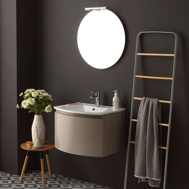 Kiamami Valentina - Badezimmerschrank Hängende Geschwungene Linie 62 Cm Cappuccino Poliert Rundspiegel Riva
