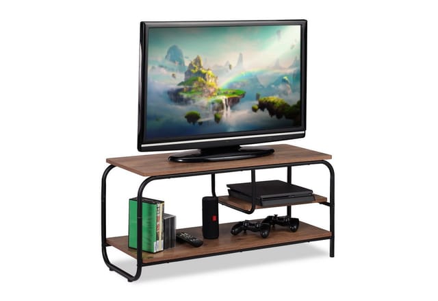 Relaxdays - tv Board, Industrie Design, Receiverablage, Stauraum CDs & DVDs, Fernsehtisch HxBxT 43x90x35 cm, braun/schwarz