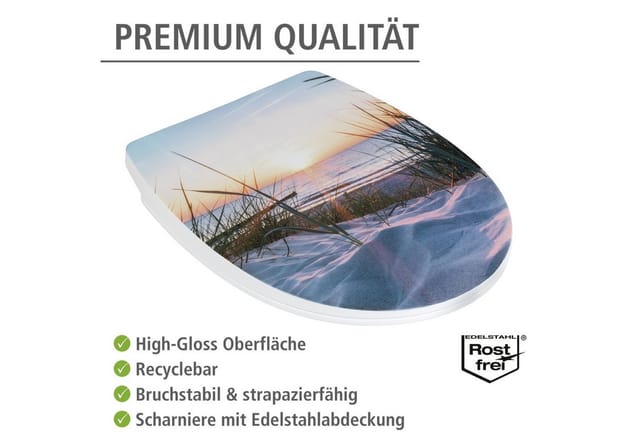 WENKO Toilettensitz Baltic Hochglanz, WC-Sitz mit Absenkautomatik, Schnellbefestigung, Mehrfarbig, Thermoplast mehrfarbig, Kunststoff weiß