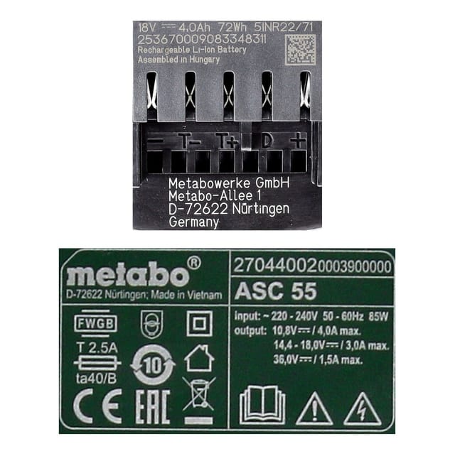 Metabo Akku Basis Set 18V mit 1x Akku LiHD 4,0Ah ( 625367000 ) + Ladegerät ASC 55 ( 627044000 ) Folgemodell vom ASC 30-36