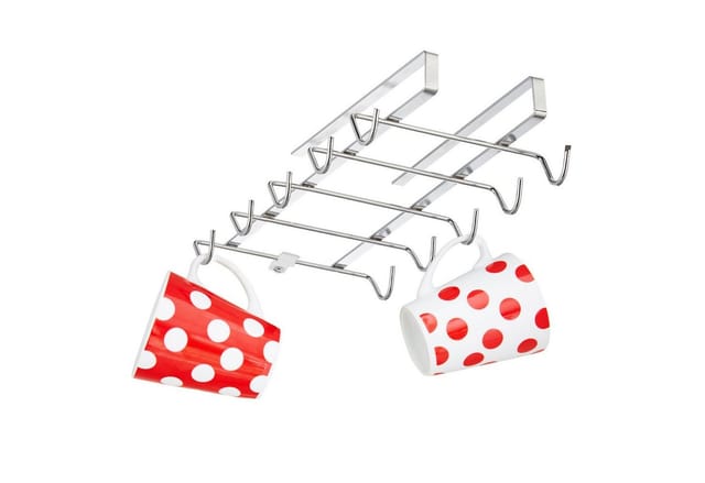 2 x Tassenhalter Schrankeinsatz für 10 Tassen, Metall Tassenaufhänger Küche, Schrank, Regal, hbt 6x14x28cm, silber