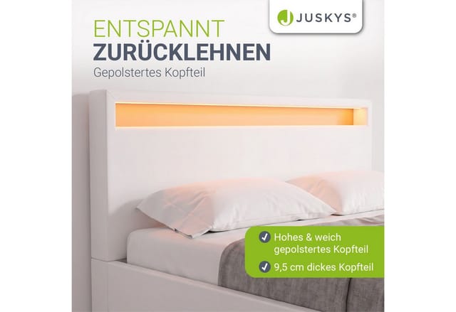 Juskys Polsterbett Lyon 140 x 200 cm mit Bettkasten, LED Beleuchtung, Lattenrost & Matratze - Kunstleder & Holz – Bett Bettgestell Jugendbett weiß