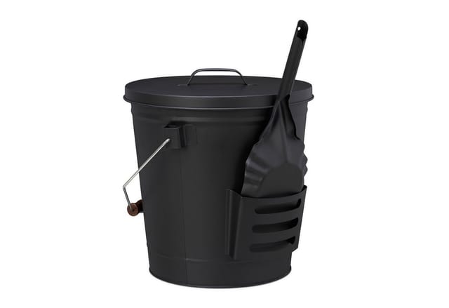 Relaxdays Ascheeimer mit Deckel und Schaufel, Stahl, Kohleeimer mit Henkel, 19 L, Ascheschaufel Kamin & Grill, schwarz