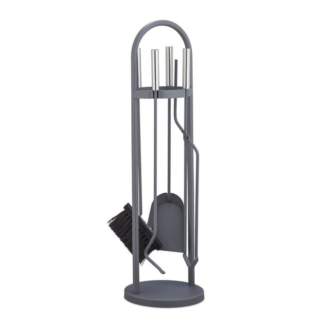 Kaminbesteck modern, 5 teilige Kamingarnitur, Schaufel, Besen, Zange, Schürhaken & Halter, Ofenbesteck, grau - Relaxdays