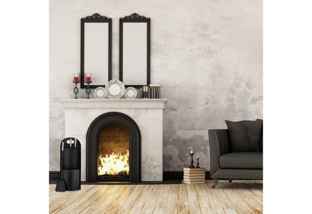 Relaxdays - Kaminbesteck modern, 4 teilige Kamingarnitur, mit Schaufel, Besen, Schürhaken und Halter, Ofenbesteck, schwarz