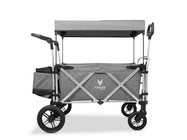 Bollerwagen faltbar in premium grau mit Dach - Transportwagen klappbar Hecktasche, Komfort-Schiebegriff & Innenraumverlängerung 5-Punkt-Gurt