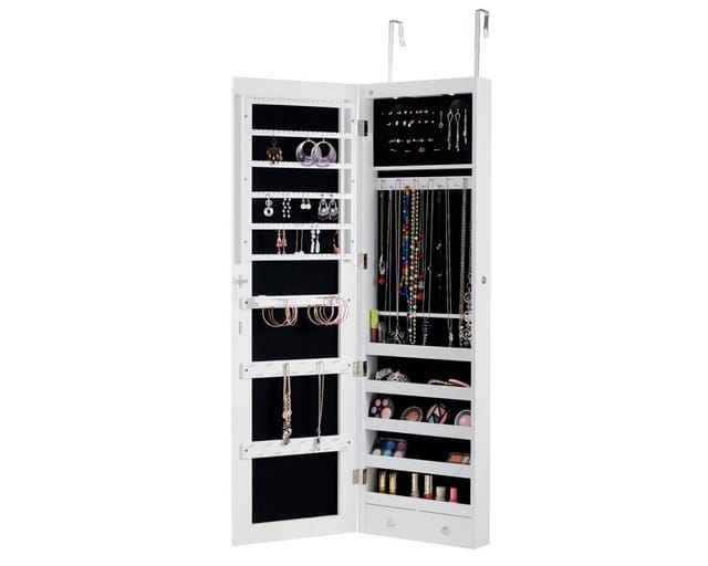 COSTWAY Schmuckschrank mit LED Beleuchtung, Schmuckregal haengend mit Spiegel, abschliessbar mit Schluesseln, 120 cm hoch weiss