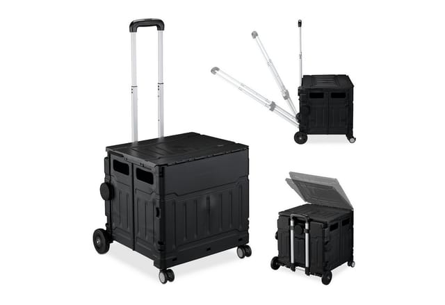 Einkaufstrolley, klappbar, Einkaufskorb mit Rollen, Deckel & neigbarem Teleskopgriff, bis 50 kg, schwarz - Relaxdays
