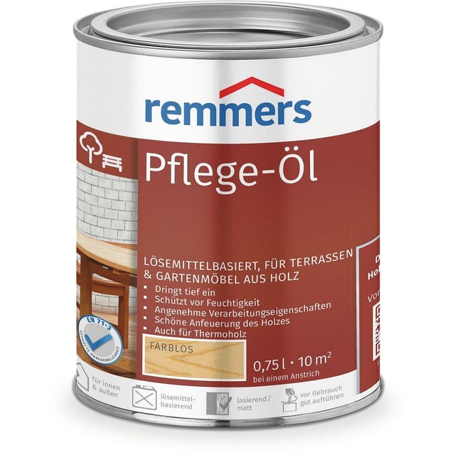 Pflege-Öl farblos, 0,75 Liter, Holzöl für Holz innen und außen, wasserabweisend, wetterfest, für Gartenmöbel und Holzterrassen geeignet - Remmers