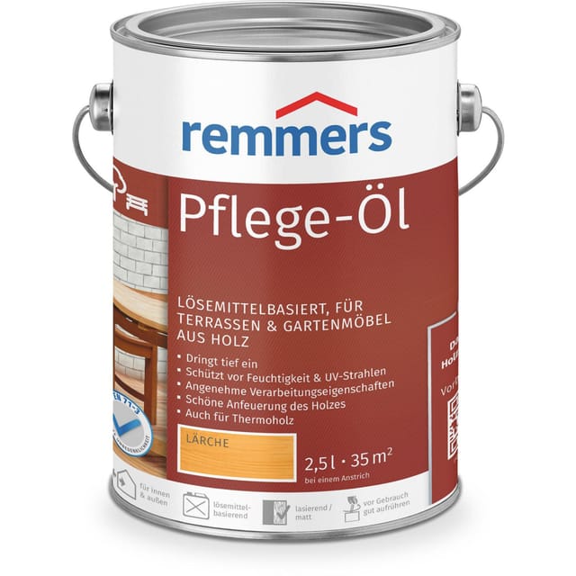 Pflege-Öl lärche, 2,5 Liter, Holzöl für Holz innen und außen, wasserabweisend, wetterfest, für Gartenmöbel und Holzterrassen geeignet - Remmers