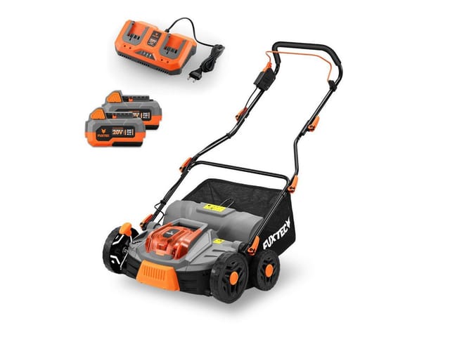 FUXTEC 40V Akku-Vertikutierer SET FX-E2VE38SET, 2-in-1 Vertikutieren & Belüften, 38 cm Arbeitsbreite, einstellbare Arbeitstiefe bis 12 mm, 45L