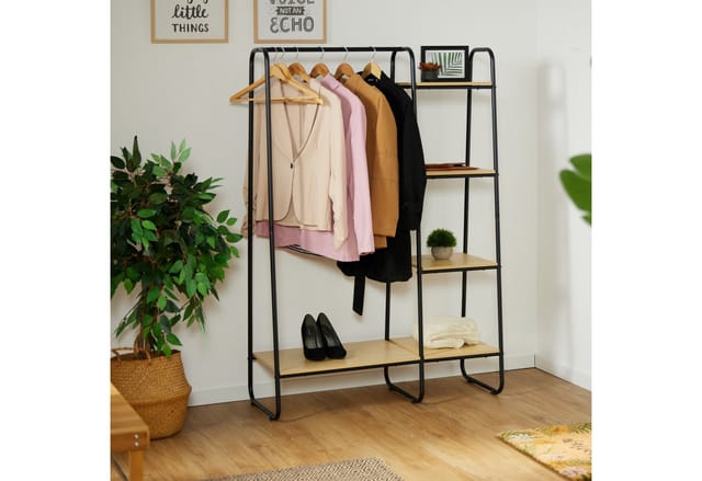 Garderobe, mit Regal, hbt: 150 x 100 x 41 cm, Jacken, Hemden, Metall, freistehender Kleiderständer, schwarz - Relaxdays