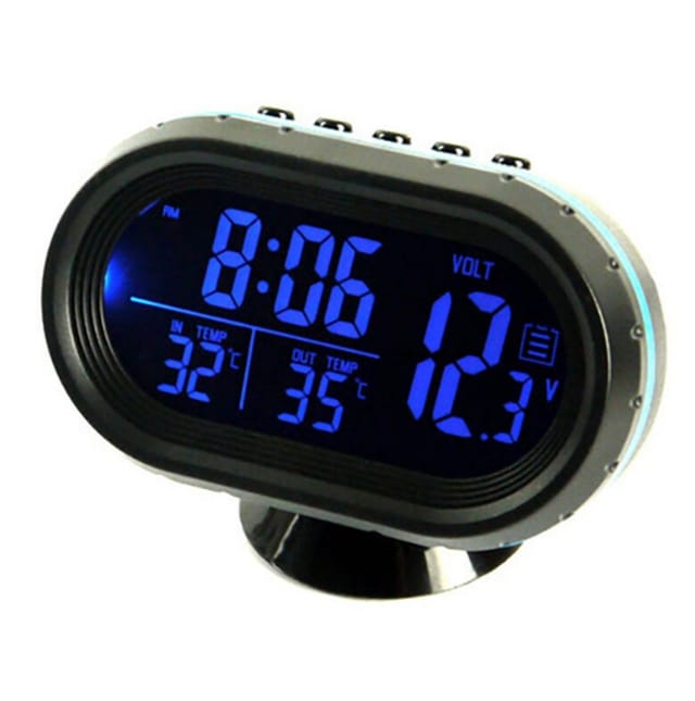 Auto-Digitalthermometer, Voltmeter, Uhr, Alarmmonitor, multifunktionale automatische Messgeräteuhr, Spannungsanzeige für Gefriertemperatur, LC-Monitor