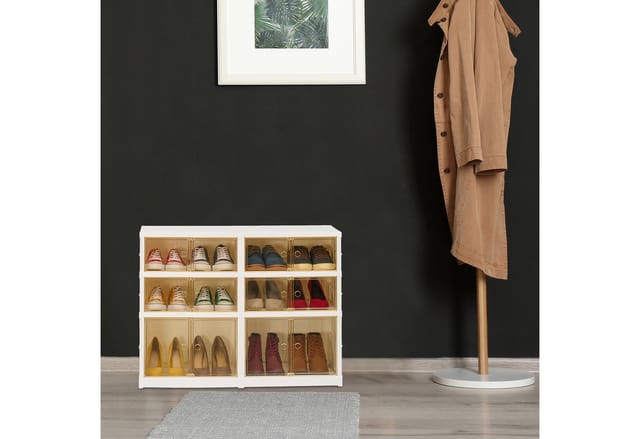 Relaxdays - faltbarer Schuhschrank, hbt: 66,5 x 86,5 x 34,5 cm, für 12 Paar, Kunststoff, Schuhregal mit Rollen, weiß/braun