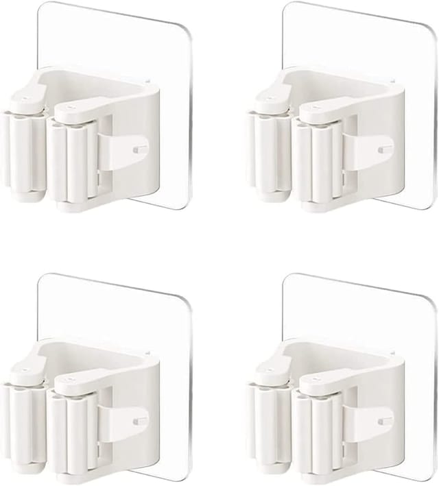 Csparkv - 4 Stück an der Wand montierter Besenhalter, selbstklebender Mopphalter, Wandbesenaufhänger, kein Bohren, Besenclip, weiße Moppbesenhalter,