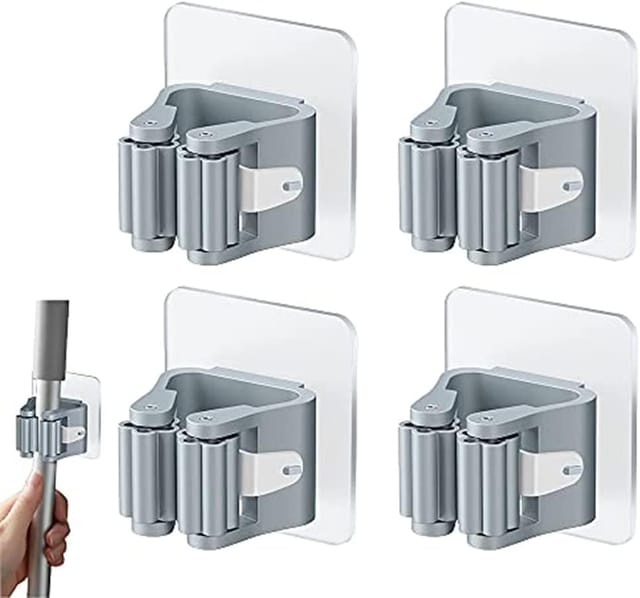 Csparkv - 4 Stück selbstklebender Wandbesenhalter, Mopp-Clip, Wandbesenhalter ohne Bohren, Wandbesenhalter, grauer Besenhalter, Wandbesenclip für
