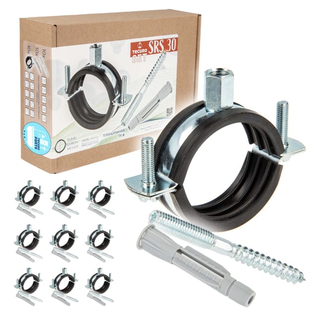 tecuro 10-er Kombi-Set Schraubrohrschelle 50-55 mm, inkl. Stockschraube M8 x 80 mm und Hohlraumdübel, mit Schallschutzeinlage