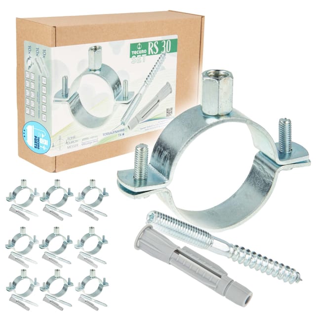 Tecuro - 10-er Kombi-Set Schraubrohrschelle M8 verzinkt 40-43 mm, inkl. Stockschraube M8 x 80 mm und Hohlraumdübel
