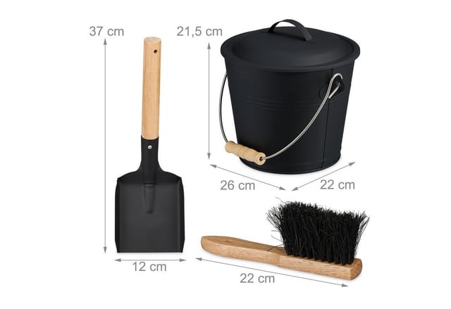 Relaxdays Ascheeimer mit Deckel und Kehrset, 4,5 L, inkl. Aschebesen & Kaminschaufel, Aschebehälter mit Henkel, schwarz