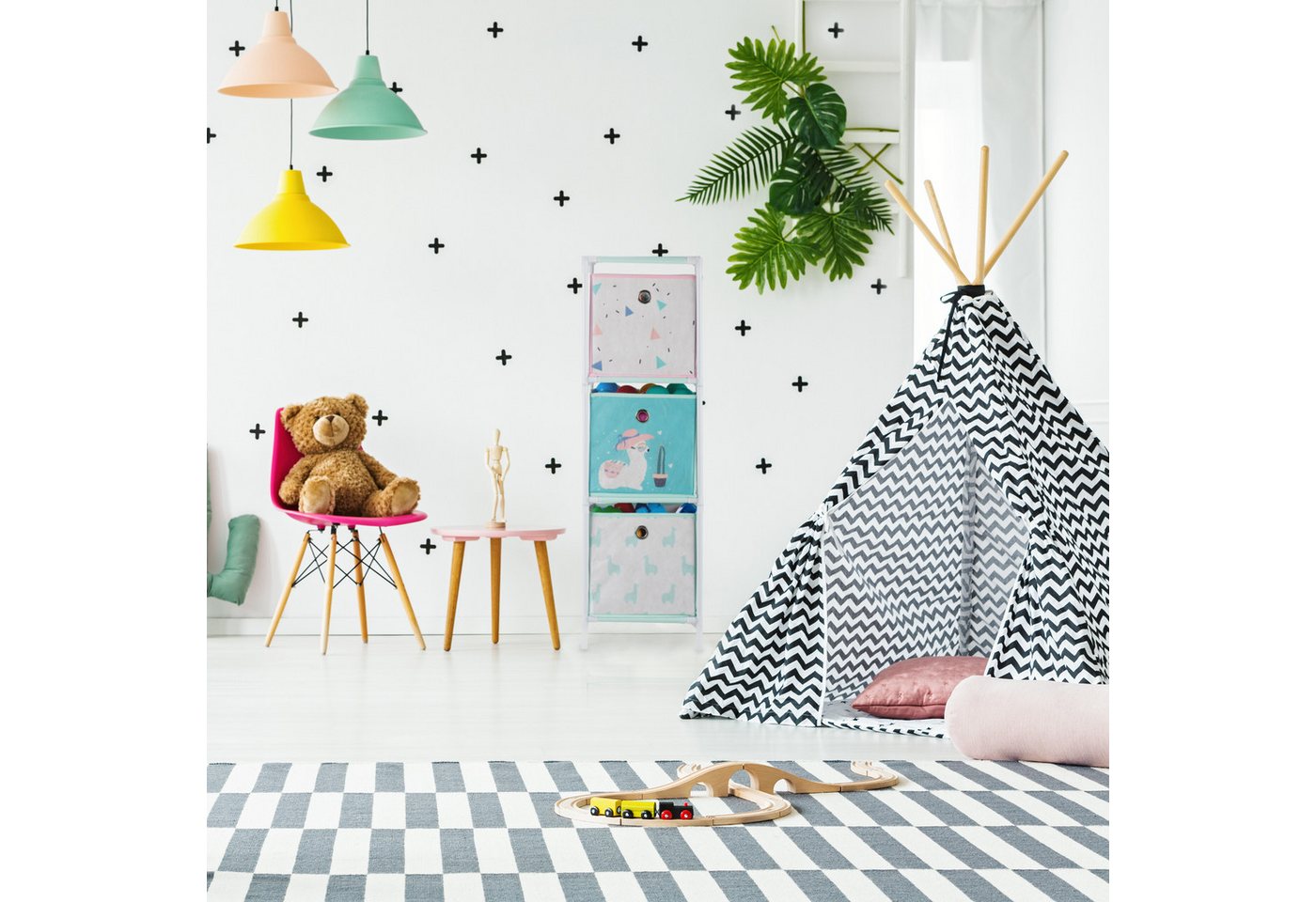 Kinderregal, 3 Boxen, Jungen & Mädchen, Lama-Design, Regal Kinderzimmer, Spielzeug, hbt 89 x 27,5 x 30, bunt - Relaxdays Bild 2