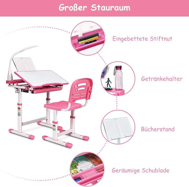 Kinderschreibtisch mit Stuhl & Lampe, höhenverstellbar, neigungsverstellbar, mit Schublade, Schuelerschreibtisch Rosa - Costway