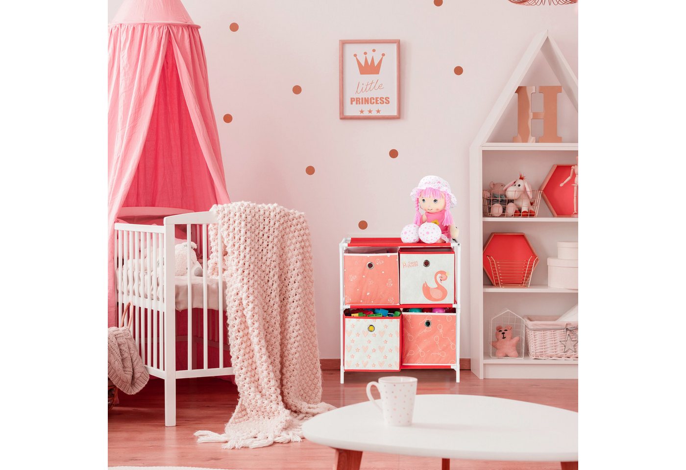 Kinderregal mit 3 Boxen, Spielzeug, Mädchen, Schwan-Design, Regal Kinderzimmer, hbt 89 x 27,5 x 30 cm,weiß/rot - Relaxdays Bild 2
