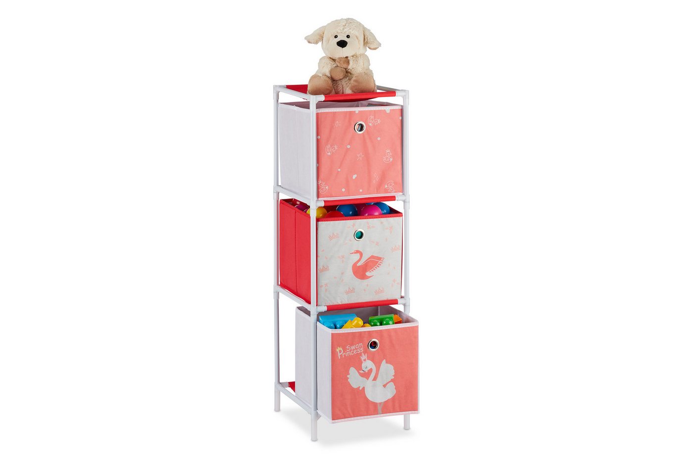 Kinderregal mit 3 Boxen, Spielzeug, Mädchen, Schwan-Design, Regal Kinderzimmer, hbt 89 x 27,5 x 30 cm,weiß/rot - Relaxdays Bild 4