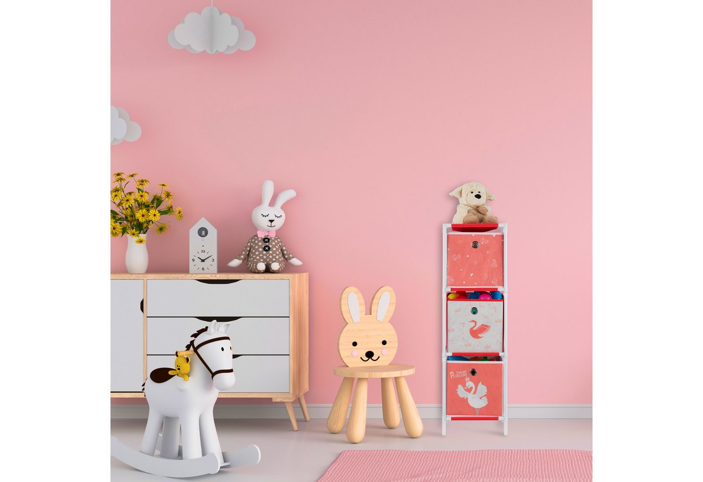 Kinderregal mit 4 Boxen, Spielzeug, Mädchen, Schwan-Design, Regal Kinderzimmer, hbt: 62 x 53 x 30 cm, weiß/rot - Relaxdays