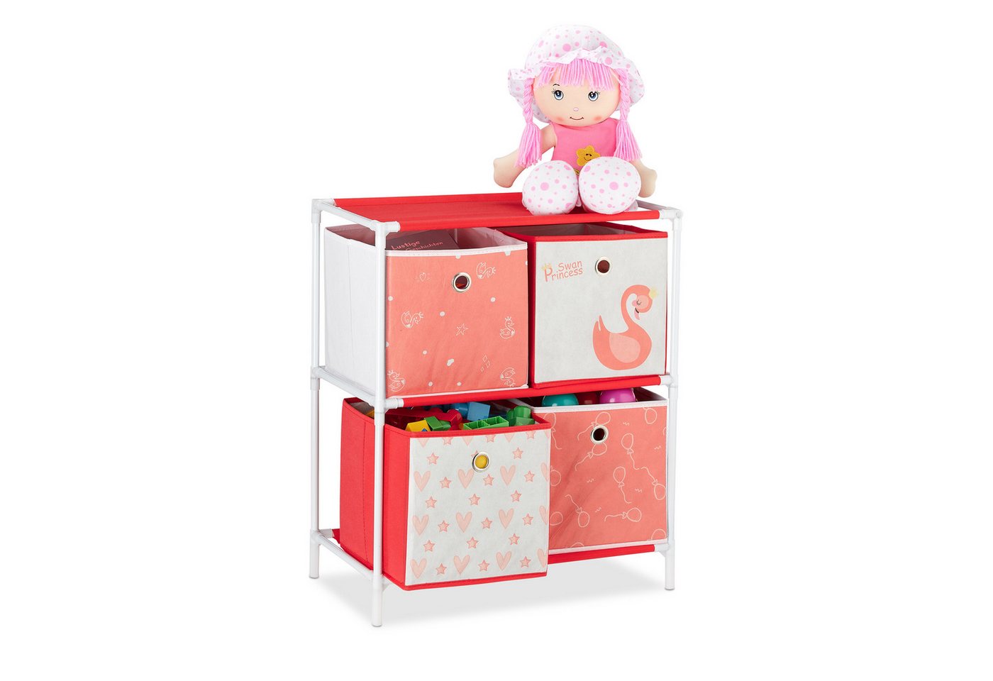 Kinderregal mit 4 Boxen, Spielzeug, Mädchen, Schwan-Design, Regal Kinderzimmer, hbt: 62 x 53 x 30 cm, weiß/rot - Relaxdays Bild 2