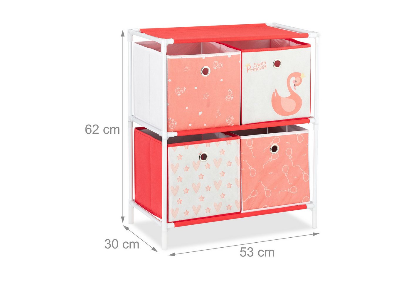 Kinderregal mit 4 Boxen, Spielzeug, Mädchen, Schwan-Design, Regal Kinderzimmer, hbt: 62 x 53 x 30 cm, weiß/rot - Relaxdays Bild 5