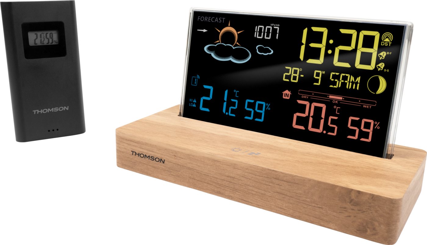 Thomson Digitaler Wecker aus dunklem Holz mit Wetterstation