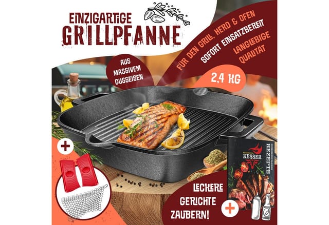 Gusseisenpfanne Gusseisen Bratpfanne Induktion Cast Iron Pan für Gasgrill, Backofen, Kohlegrill Steakpfanne voreingebrannt Inkl. Schutzgriffe,