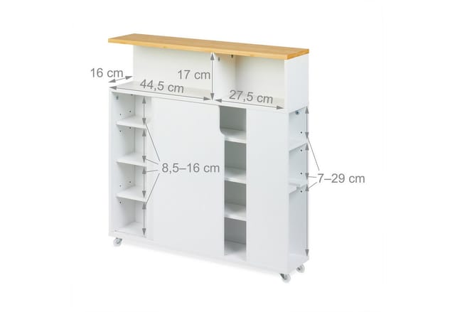 Relaxdays Nischenschrank, 6 Fächer, WC-Bürstenhalter, HBT: 79 x 17 x 75 cm, Bad, MDF, Bambus, Rollwagen, weiß/natur