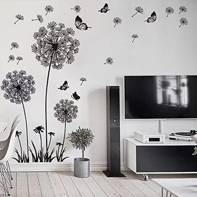 Csparkv - Wandaufkleber löwenzahnblumen schwarz (165x130 cm) i Schmetterling Pflanzen Ast Baum i Aufkleber Wandaufkleber für Wohnzimmer Schlafzimmer