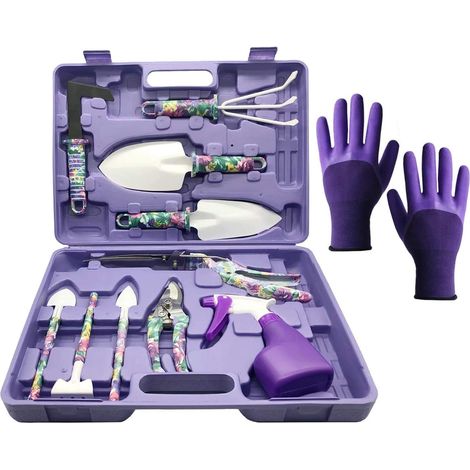 11-teiliges Gartengeräte-set Mit Lila Griffen Mit Blumenmuster: Schaber, Rechen, Unkrautstecher, Gartenschere, Sprühgerät, Tragetasche