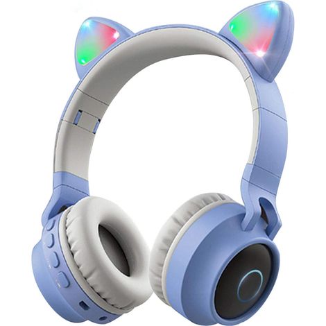 Kabellose/kabelgebundene Bluetooth-kopfhörer Mit Katzenohren Und Lautstärkebegrenzer, Kabellose Led-kopfhörer Für Kinder (hellblau)