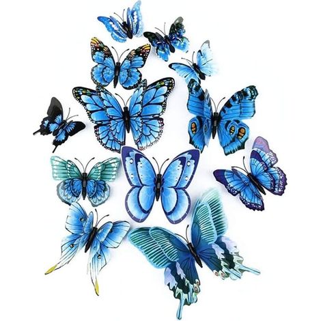 Künstlicher 3d-doppelflügel-schmetterling, Hochzeits-/party-/heimdekoration, Bastel-schmetterlingssimulation, Gemischter Schmetterlings-wandaufkleber, 6 Farben, 12 Stück (blau)