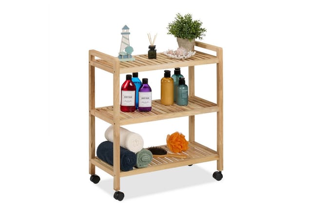 Relaxdays Badregal, Holz, HxBxT: 72 x 65 x 31 cm, Holzregal mit Rollen, 3 Ablagen, Regal für Badezimmer & Küche, natur