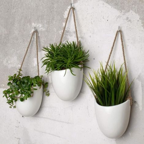 Set Mit 3 Weißen Keramik-wandpflanzgefäßen