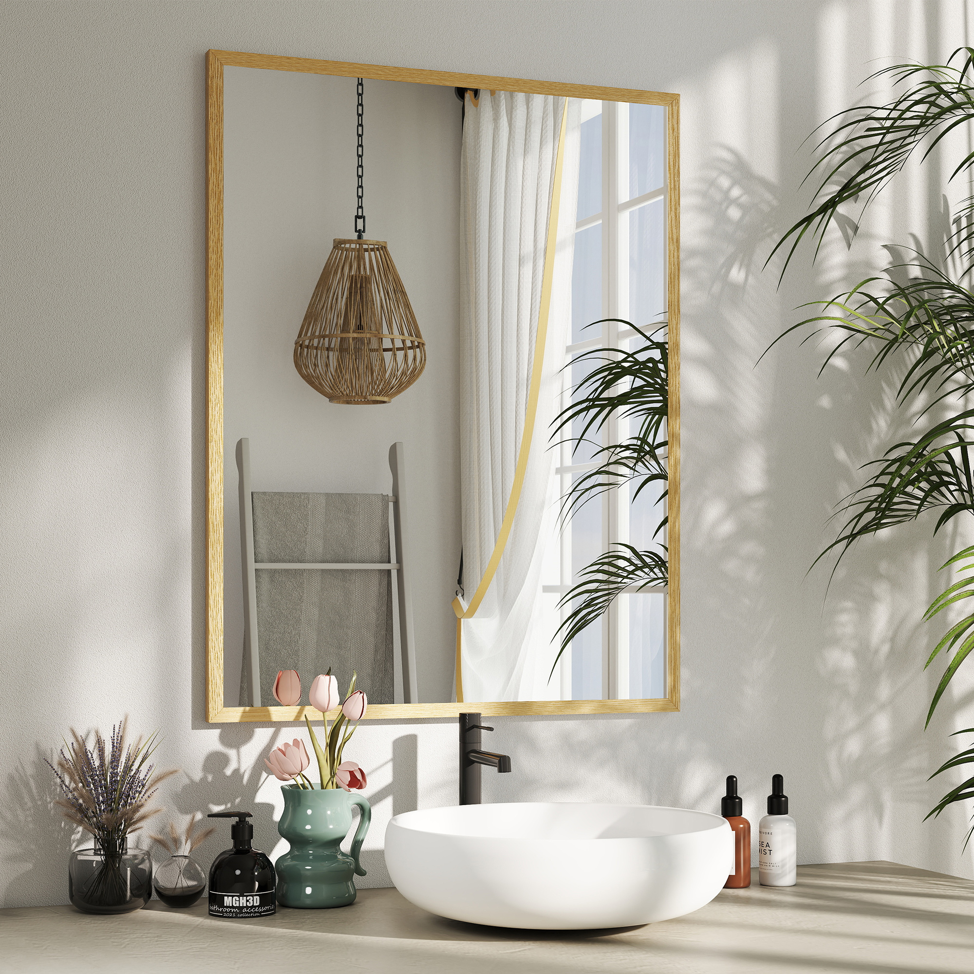 Badezimmerspiegel 70x90 Cm, Dekorativer Wandspiegel Für Wohnzimmer, Eingangsbereich, Horizontal Oder Vertikal, Naturholz