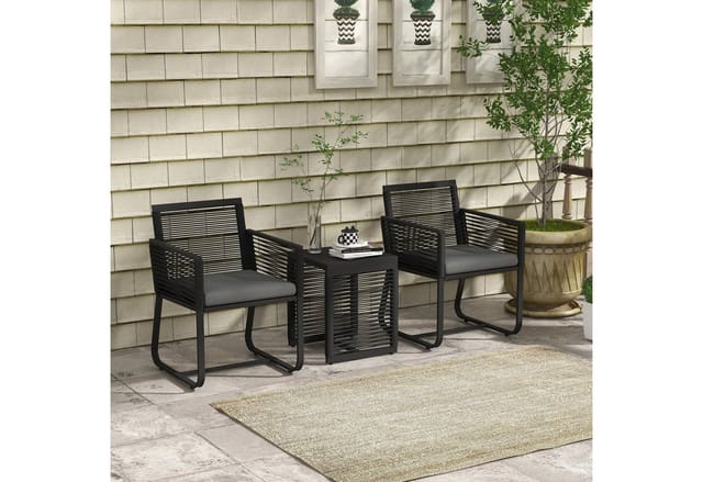 Outsunny 3-teiliges Rattan Gartenmöbel-Set, Sitzgruppe, Gartengarnitur mit 2 Gartenstühle, Beistelltisch mit Tischplatte aus Hartglas, Kissen, für