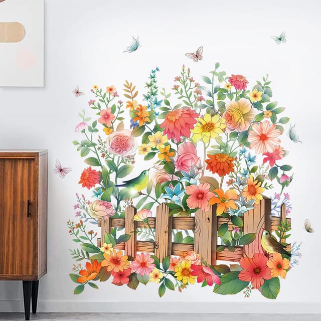 Lntyq - Blumen-Wandaufkleber, Zaun, bunte Blumen- und Schmetterlings-Wandaufkleber für Schlafzimmer, Wohnzimmer, Küche, Dekoration
