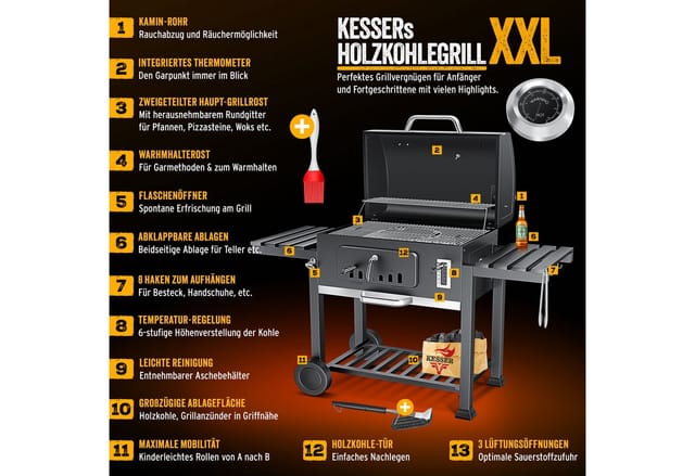 Grillwagen bbq Smoker xxl Holzkohlegrill mit Deckel, Rädern, Edelstahl-Griff, Thermometer, Grillrost, Bürste, Abdeckhaube, 8 Spieße mit Tasche &