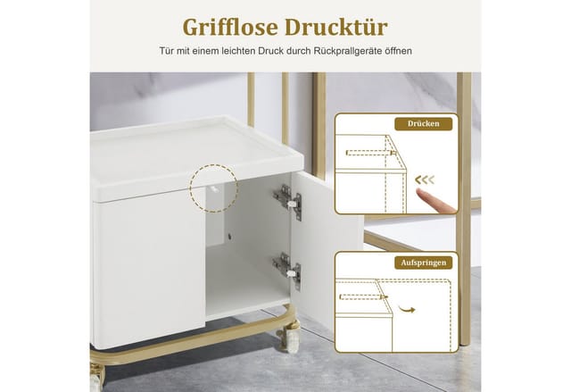 M Mcombo Servierwagen mit Rollen & Schublade, Rollwagen Friseurwagen Weiß-Gold, Salon Trolley mit 2 Ablagen und Schrank, Moderner Arbeitswagen für